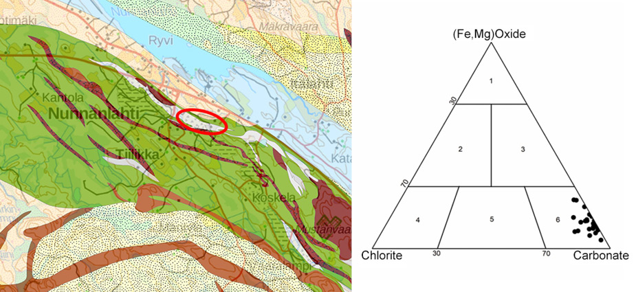 Dans la ceinture de roches vertes à Nunnanlahti se trouve la mine utilisée par NunnaUuni. Sa pierre ollaire est un type de pierre ollaire carbonatée bien orientée.