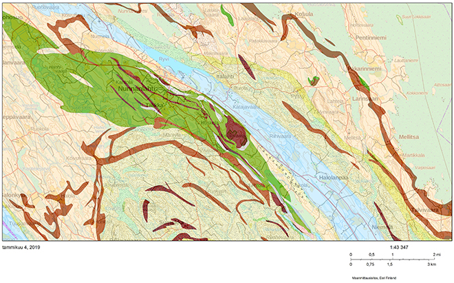 Les zones claires de la carte montrent les différents massifs de stéatite dans la ceinture de roches vertes de Nunnanlahti.